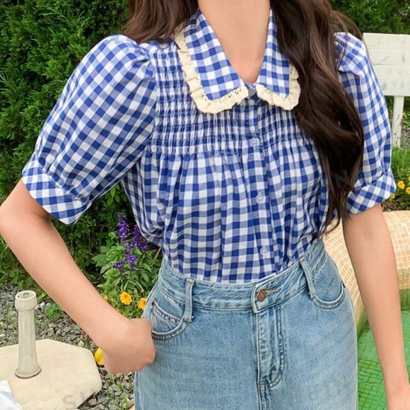joua Tops - Stylish Plaid Bubble Sleeves Blouse | Brand New🔥